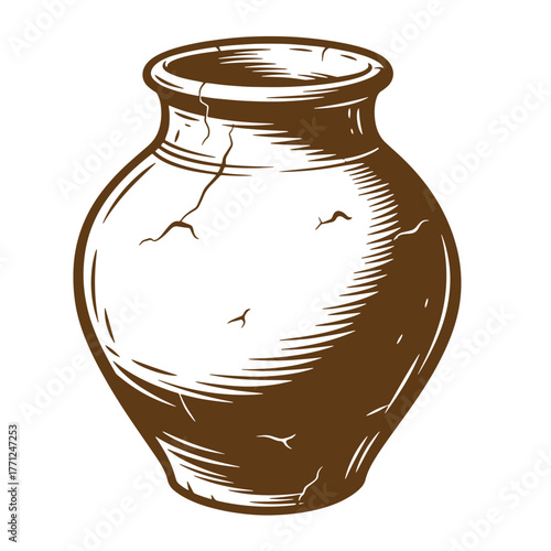 Vintage art illustration of a brown pottery vase with cracks and textured shadows