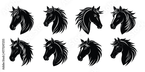 Collection of eight stylized black horse heads with dynamic mane and expressive eyes