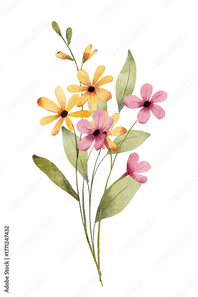 Fototapeta premium Flowers watercolor, floral clip art. Bouquet wildflowers perfectly for printing design on invitations, cards, wall art and other. Botanical illustration isolated on white background. Hand painting.