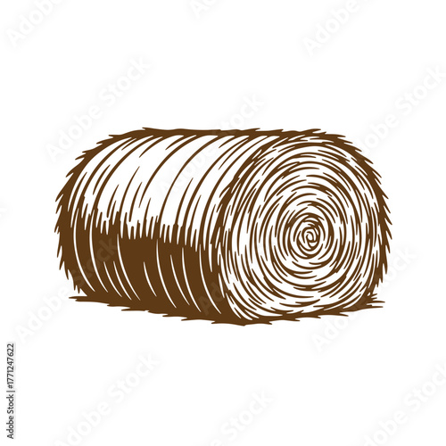 Vintage art illustration of a brown rolled hay bale on a white background