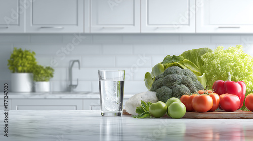 Colorful vegetables are arranged on a wooden platter next to a glass jug of water. Sunlight pours into the bright kitchen, highlighting the fresh produce and plants.