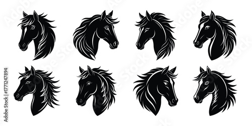 Collection of eight striking black and white horse head illustrations with flowing manes in profile view
