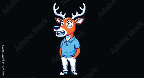 Cartoon deer wearing a blue polo shirt and white pants