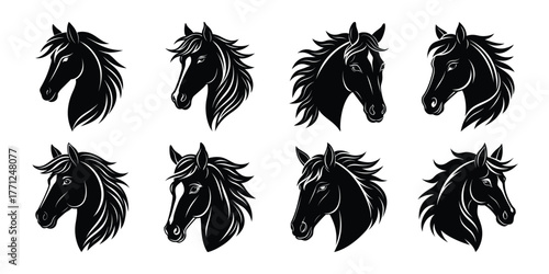 Collection of eight striking black silhouette horse heads with textured brushstroke detail