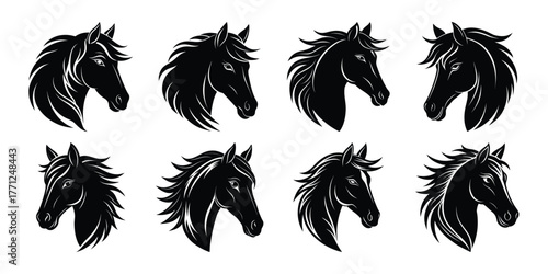 Collection of eight stylized black horse head illustrations in profile view with flowing manes