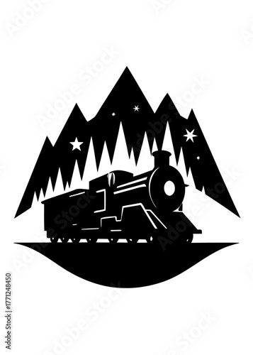 Silhouette of a steam train in front of mountains with stars in the background on transparent background
