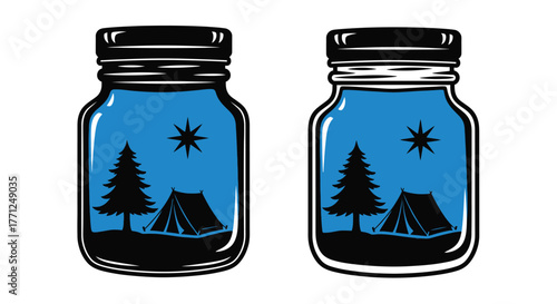 Two mason jars displaying miniature camping scenes inside star filled night