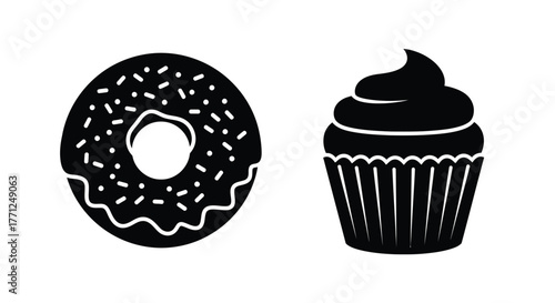 Simple black and white icons of a donut and a frosted cupcake