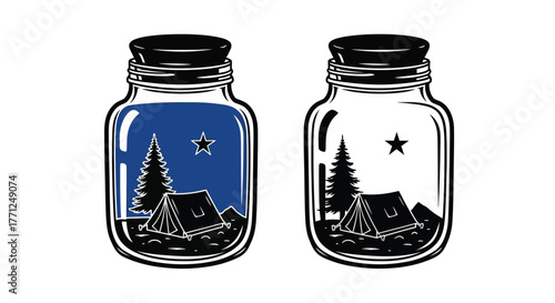 Two glass jars contain miniature nighttime camping scenes inside them