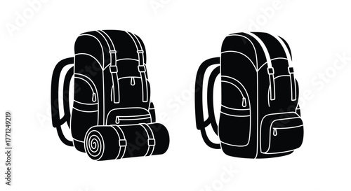 Black and white illustration of two backpacks and a cylindrical bag