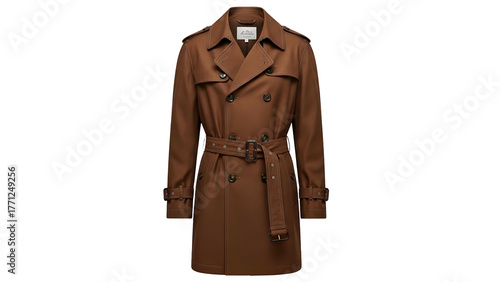 Traditional tailored outer garment rendered in a warm brown color hangs against a solid dark background