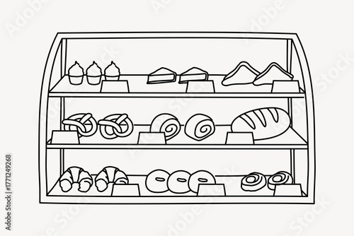 Bakery shop window display doodle illustration vector