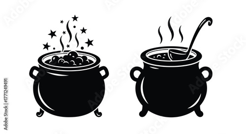 Black and white illustration of two cauldrons with magical effects