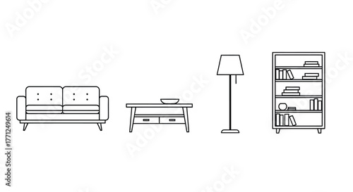 Simple living room sketch with a sofa table lamp and bookcase