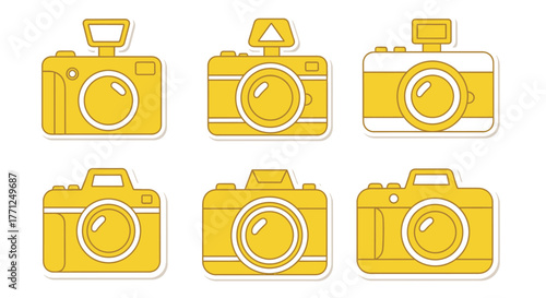 Collection of yellow vintage style cameras in a grid arrangement