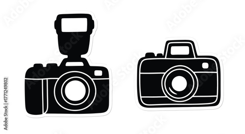 Simple black and white illustration of two vintage cameras and a flash
