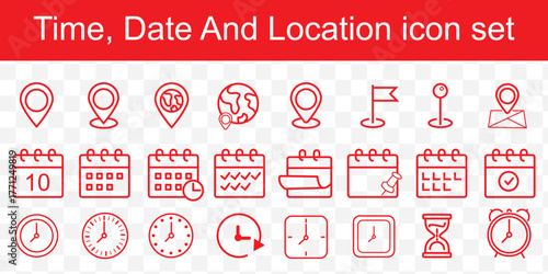 Time, date and location editable stroke outline icons set isolated on white background flat vector illustration.