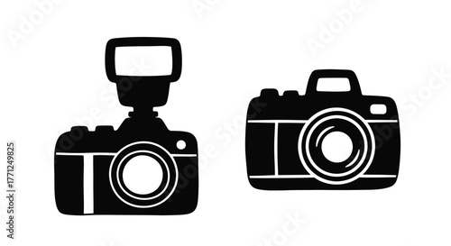 Simple black and white illustration depicting two different camera styles
