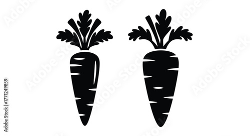 Simple black and white illustration depicting two fresh carrots with green tops