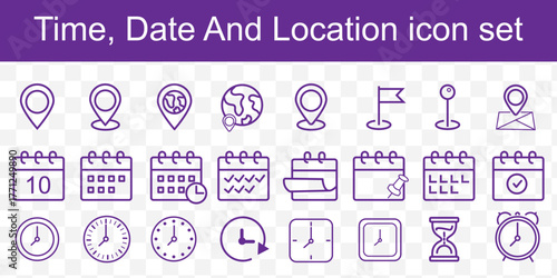Time, date and location editable stroke outline icons set isolated on white background flat vector illustration.