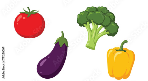 Fresh vegetables including a tomato broccoli eggplant and yellow bell pepper