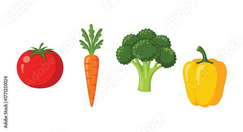 Fresh vegetables including tomato carrot broccoli and yellow pepper illustration