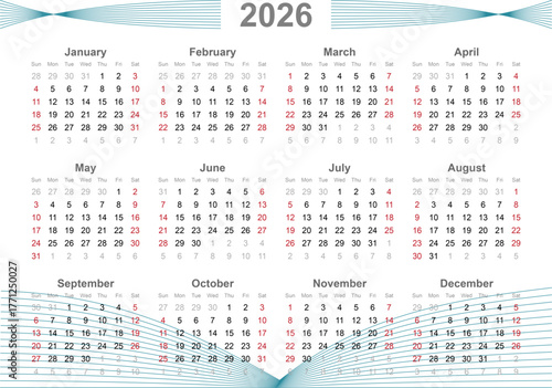 Papier peint Calendar vector template for 2026 year