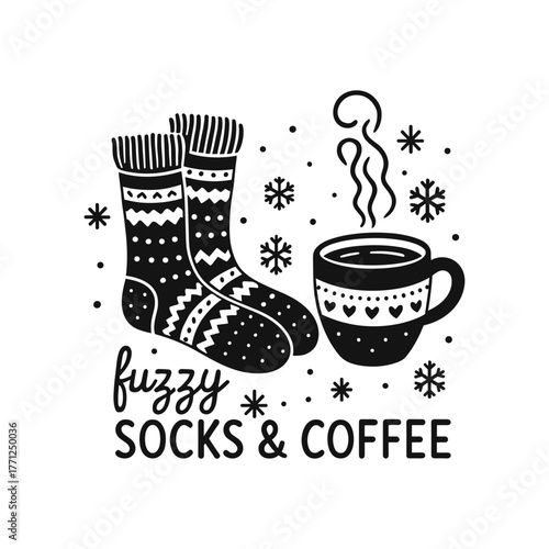 A cozy pair of patterned fuzzy socks and a steaming cup of coffee create a warm winter atmosphere with snowflakes, handwritten text, and a vector style. 