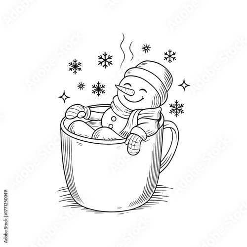 A cute snowman wearing a scarf and hat relaxes in a mug of hot chocolate, smiling contentedly as snowflakes fall around. 