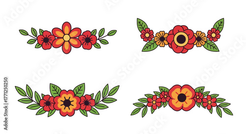 Four arrangements of colorful floral designs in a vintage style illustration