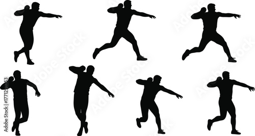Shot put athlete preparing and throwing heavy ball, set of eight poses, track and field sport, power and strength vector.