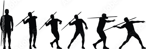Javelin thrower athlete preparing and launching spear, set of eight poses, track and field sport, throwing action vector.