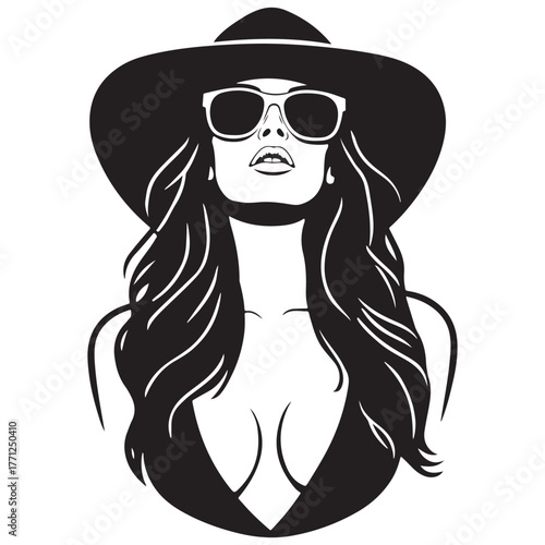seductive and glamorous vector portrait of a woman in a wide-brimmed sun hat and stylish oversized sunglasses.