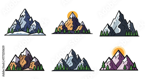 Colorful mountain range illustrations with trees and a rising sun design