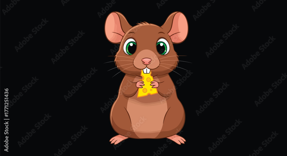 Fototapeta premium Cute cartoon mouse eating a piece of cheese