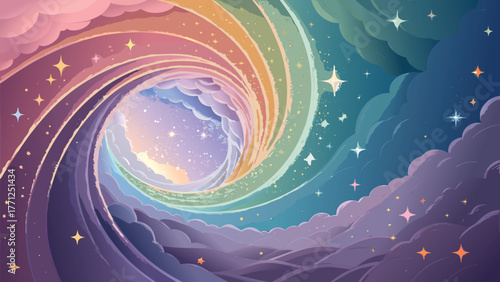 Dreamy celestial vortex with swirling pastel clouds and twinkling stars, a magical portal inviting exploration and wonder.