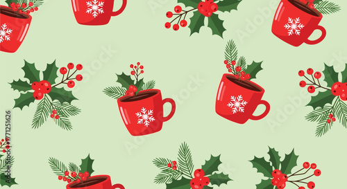 Seamless pattern of red mugs with snowflakes and holly branches on a light green background