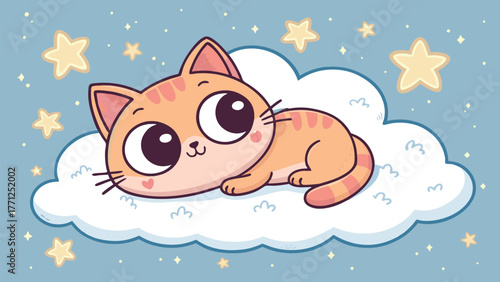 Adorable orange tabby kitten sleeps peacefully on fluffy cloud surrounded by twinkling stars, perfect for children's themes and whimsical designs.