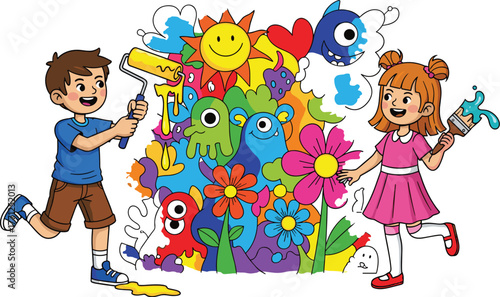 Happy children painting a colorful monster doodle wall, kid's imagination and creativity, art class fun, educational activity.