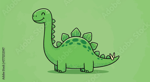 Cute cartoon green dinosaur with spikes on its back and a happy expression