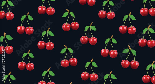 Seamless pattern of ripe red cherries with green leaves on a dark blue background