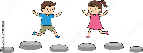 Happy children jumping on stepping stones, active kids playing game outdoors, childhood energy, fitness and growth concept, fun activity.