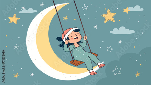 Joyful child swinging on a crescent moon under a starry night sky, evoking dreams and wonder.