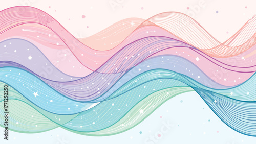 Dreamy pastel waves with sparkling stars and soft dots create a magical, ethereal backdrop for whimsical designs.
