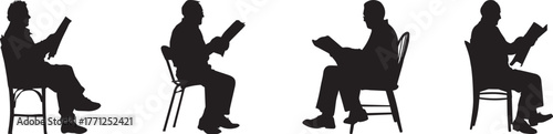 Silhouette of men sitting on chairs reading newspapers, vector illustration showing daily life, relaxation, education, and knowledge concept of people engaged in reading activity on white background
