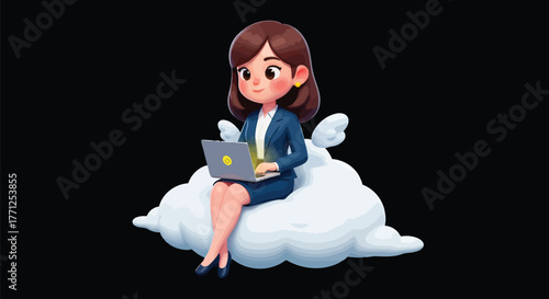 Cartoon businesswoman with wings sitting on a cloud, working on a laptop