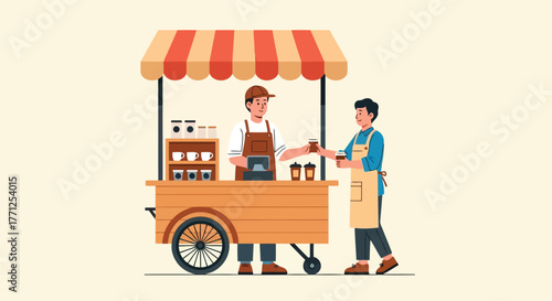 Barista serving coffee from a mobile cart to a customer