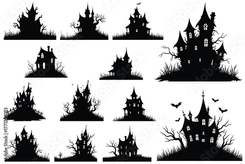 Black silhouette haunted houses and spooky trees collection