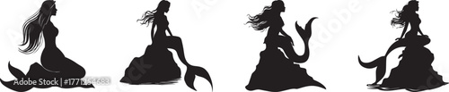 Silhouette of beautiful mermaids sitting in different poses, elegant mythical sea creatures illustration representing fantasy ocean mythology and underwater art concept on white background
