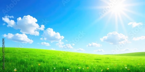 A vibrant sunny day, bright blue sky, fluffy white clouds casting gentle shadows on lush green grass  Perfect for summer, nature, and outdoor themes ,  clouds,  landscape,  outdoors